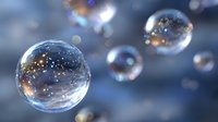 Floating transparent spheres with golden light reflections and bokeh effects on blue background create magical atmosphere for fantasy designs.