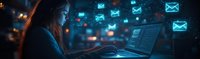Young Asian woman working on laptop at night with glowing email icons floating in dark blue atmosphere, concept of digital communication and remote work.