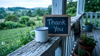 Chalkboard sign with Thank You message on rustic wooden porch railing with enamel mug and green countryside view.