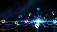 Digital network with glowing icons representing online shopping, security, and connectivity on dark technological background for business presentations.