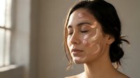 Young woman applying facial cream with gentle massage motions in natural sunlight for skincare routine and self-care wellness at home.