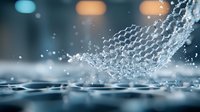 Molecular structure made of water droplets splashing on reflective surface with bokeh lights, showing scientific concept of nanotechnology and chemistry research.