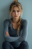 Young blonde woman in gray athletic wear with crossed arms looking directly at camera with serious expression against blue wall background.
