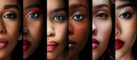 Close up portraits of diverse women wearing vibrant lipstick shades against dark background, showcasing different skin tones and makeup styles in beauty collage format.
