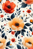 Watercolor floral seamless pattern with orange poppies and navy leaves on cream background. Repeating botanical design for fabric, wallpaper and decor.