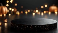 Black round platform with golden speckles for product display against warm bokeh lights and autumn pumpkins creating cozy seasonal atmosphere.