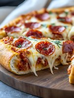 Hot pepperoni pizza with melted mozzarella cheese and fresh herbs on wooden cutting board, stretchy cheese pull showing gooey texture and crispy crust.