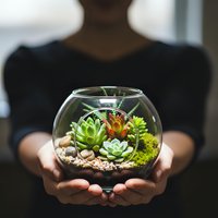 Woman holding glass terrarium bowl with colorful succulents and moss for home decor and gardening projects.