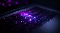 Glowing purple network connections on digital tablet screen with particle effects and bokeh lights creating futuristic technology visualization background.