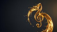 Golden treble clef symbol formed by flowing liquid metal splash against dark background for music and audio design projects.