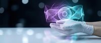 Gloved hands presenting holographic email envelope with glowing neon effects for digital communication and technology concepts in business presentations.