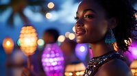 Young African American woman enjoying vibrant nightlife with colorful bokeh lights creating magical atmosphere for entertainment and celebration events.