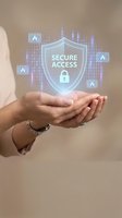 Woman holding glowing digital shield with secure access padlock icon and binary code, representing cybersecurity, data protection, and network safety for technology concepts.