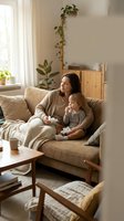 Adult woman and young child sitting together on beige sofa in bright living room with potted plants, wooden furniture, and natural light from window. Family bonding moment.