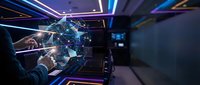 Technician in dark uniform working with holographic globe interface in modern server room with blue neon lighting and digital network visualization.