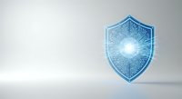 Digital security shield with glowing center and circuit pattern design on isolated white background, suitable for cybersecurity, technology, and protection concepts.
