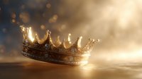 Golden royal crown with ornate details and jewels on reflective surface against dramatic light and bokeh background, symbolizing power, luxury and achievement.