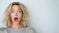 Young blonde woman with shocked surprised expression and wide open mouth against light gray background, wearing casual gray top. Natural makeup and messy bob hairstyle.