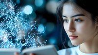 Young Asian woman looking at glowing digital network visualization with blue bokeh lights and connection nodes floating in dark space.