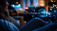 Young woman relaxing in dark room with glowing holographic smart home interface projection, showing connected house technology and automation features.