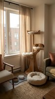 Modern living room interior with wooden cat tree and cozy furniture near window with natural light for pet-friendly home design and contemporary decor.