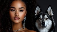 Young African American woman with natural curly hair and glamorous makeup posing with majestic Siberian Husky dog against dark background, fashion portrait.