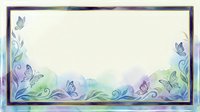 Watercolor butterfly border frame with floral swirls in soft blue, green, and purple tones, copy space for text, isolated on light background.