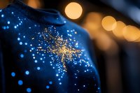 Glowing blue and gold light dots pattern on dark fabric with bokeh background creates magical festive atmosphere. Decorative holiday design element.