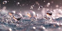 Crystal clear water droplets on textured surface with dreamy bokeh lights creating magical atmosphere for wellness and nature concepts.