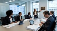Professional businesswoman presenting financial data to diverse corporate team in modern glass conference room with city view.