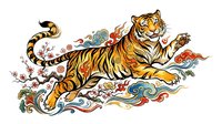 Majestic tiger leaping through ornamental clouds and floral elements in traditional Asian art style, isolated on white background for design projects.