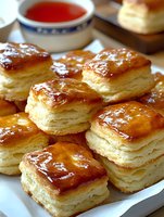 Golden flaky puff pastry squares with glossy caramelized tops arranged on white plate, served with tea cup for breakfast or afternoon snack time.