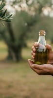 Hand holding bottle of golden olive oil in orchard with blurred olive tree background, suitable for food, cooking, agriculture, and wellness product marketing.