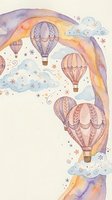 Watercolor hot air balloons floating among pastel clouds with decorative stars and swirls on light background for nursery decor and greeting cards.