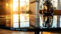 Elegant glass vase with plant stems on glossy black table surface reflecting warm window light and creating atmospheric morning or evening ambiance.