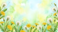 Watercolor spring border with yellow dandelions and fluffy seed heads on a soft green and blue background, perfect for cards and banners.