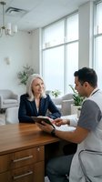 Mature blonde businesswoman consulting with male doctor in modern medical office discussing health and wellness solutions for professional healthcare.
