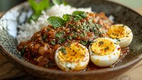 Spicy curry dish with halved boiled eggs, white rice, and fresh herbs garnished with chili flakes and mint leaves served in rustic ceramic bowl.