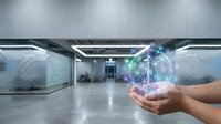 Businessman holding glowing digital globe with network connections in modern office lobby representing global business technology and connectivity solutions.
