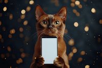 Abyssinian cat holding blank smartphone screen against dark background with golden bokeh lights, looking up with bright blue eyes and curious expression.