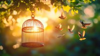 Birds flying free from golden birdcage at sunset with bokeh nature background, metaphor for freedom, hope and spiritual enlightenment concept.