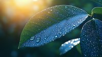 Fresh green leaf covered with morning dew drops against blurred natural background with golden sunlight. Close-up macro photography shows water droplets on foliage surface.