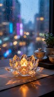 Crystal lotus candle holder glowing on wooden table with tea set, rainy city window background with colorful bokeh lights creating cozy meditation atmosphere.