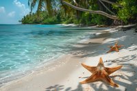 Tropical paradise beach with orange starfish on white sand, crystal clear turquoise water, and palm trees creating perfect summer vacation atmosphere. Perfect for travel and tourism promotion.