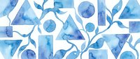 Watercolor geometric shapes and organic leaf motifs in shades of blue on white background, seamless pattern for textile, wallpaper, and design projects.