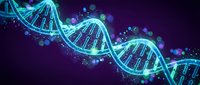 Glowing DNA double helix structure with molecular particles on dark purple background for medical research and biotechnology presentations.