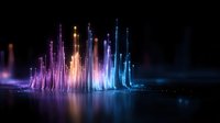 Glowing vertical light streams rise against dark background with vibrant purple, orange and blue colors creating magical reflection on water surface.