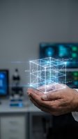 Hand holding glowing wireframe cube with mathematical equations and data visualization in modern tech workspace. Represents innovation, digital transformation, and advanced technology solutions.