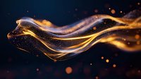 Glowing golden and white light waves flow through dark space with sparkling particles and bokeh effects creating magical atmospheric background.