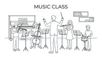 Music teacher conducting orchestra with diverse students playing violin, cello, flute and drums in classroom setting. Educational music lesson scene.